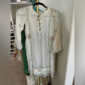 Fancy wedding designer white party wear 3 piece Pakistani outfit